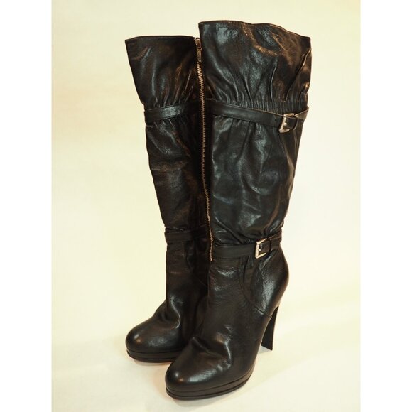 Michael Kors Tall Black Leather Buckled Detail Zipper High Heeled Boots, Size 8 - Picture 1 of 9
